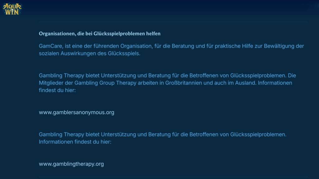 Verantwortungsvolles Glücksspiel Aquawin Casino